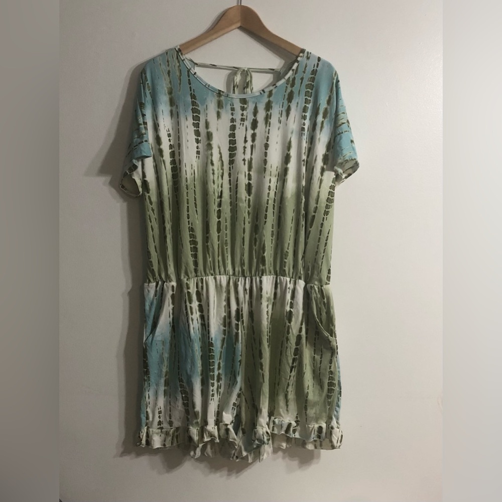 Women’s Romper sage bamboo tie dye two side pockets back tap open pull on.2XL